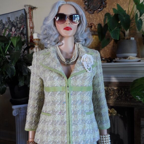 Douglas Hannant Light Green Houndstooth PatternTweed Skirt Suit Size 6 - Picture 6 of 16